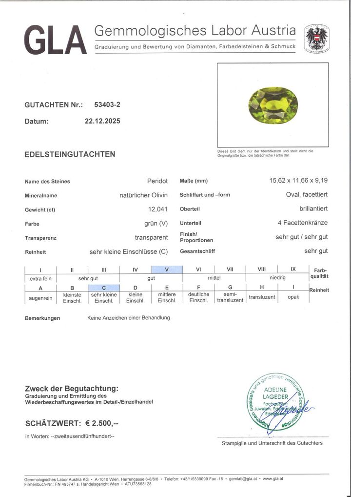Gutachten zu Peridot oval grün 12,04 ct