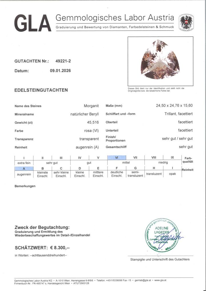 Gutachten zu Morganite trillion 45.51 ct