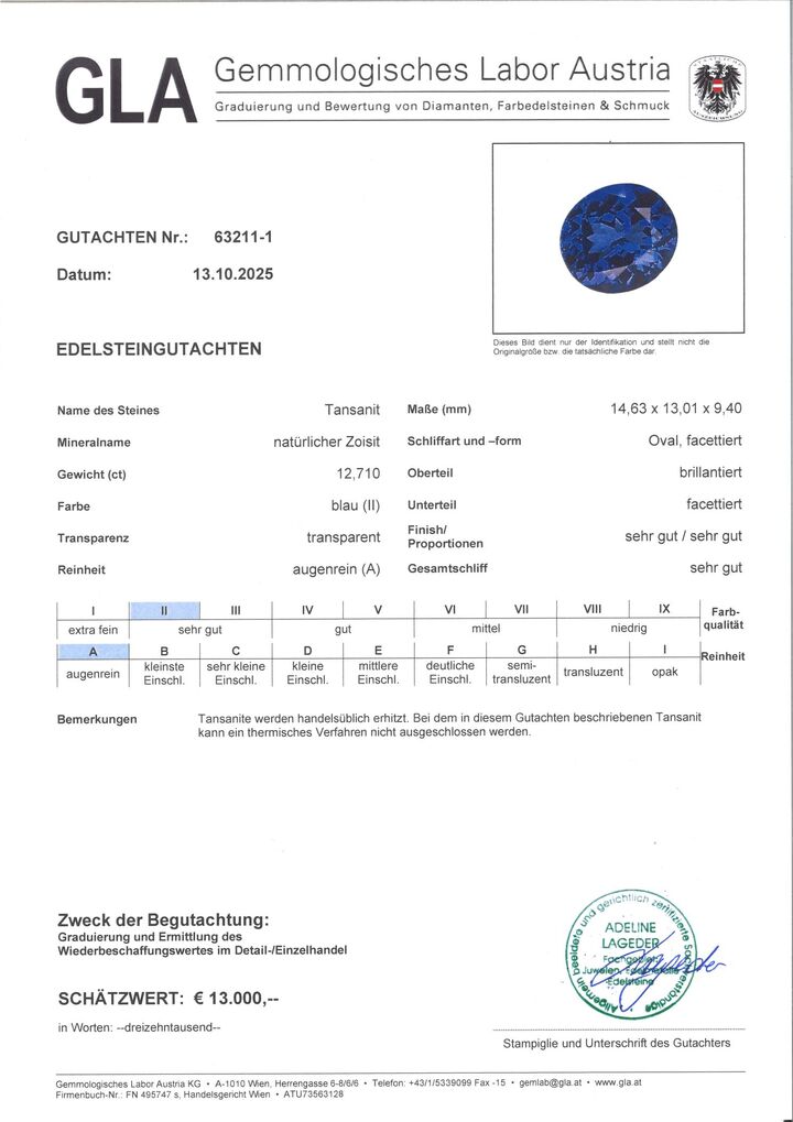 Gutachten zu Tanzanite oval intense blue 12.71 ct.
