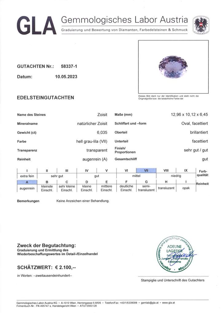 Gutachten zu Zoisite oval gräulich-lila untreated 6.03 ct.