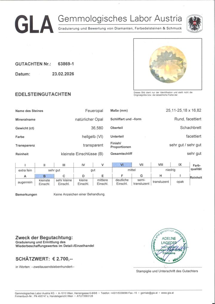 Gutachten zu Fire Opal Rund-Schachbrett light yellow 36.58 ct