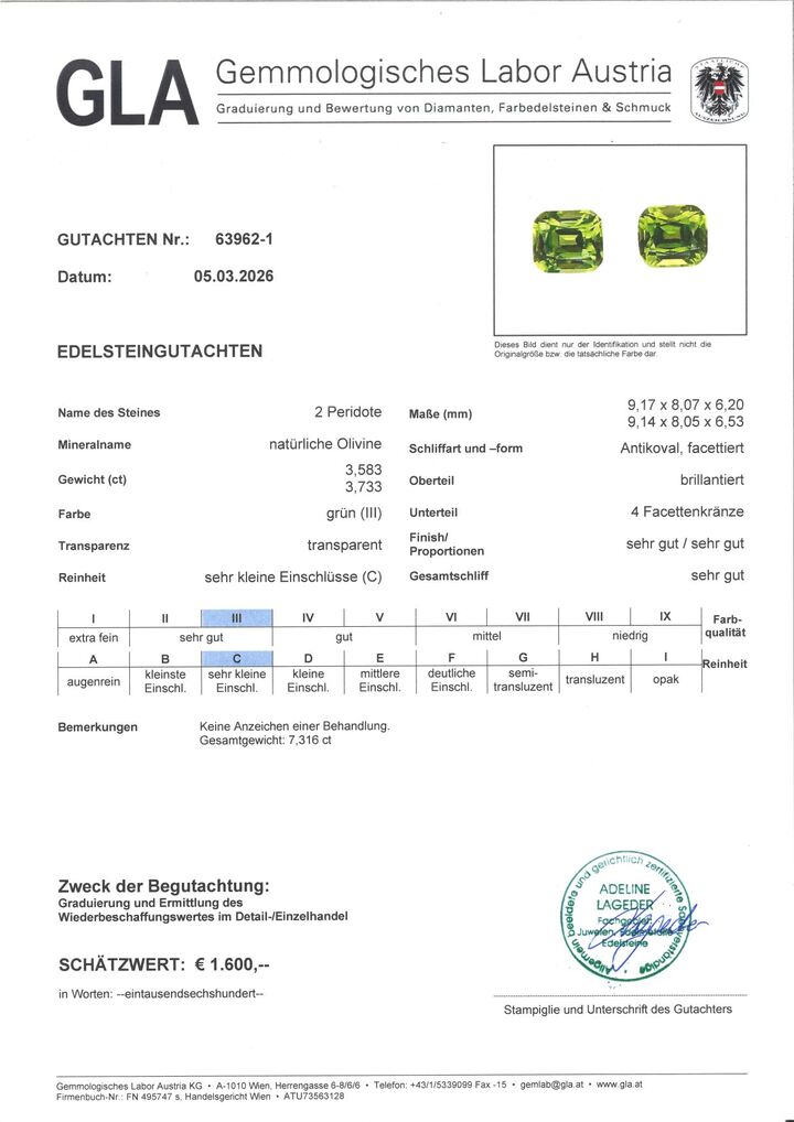 Gutachten zu Peridot Pair cushion green 7.31 ct