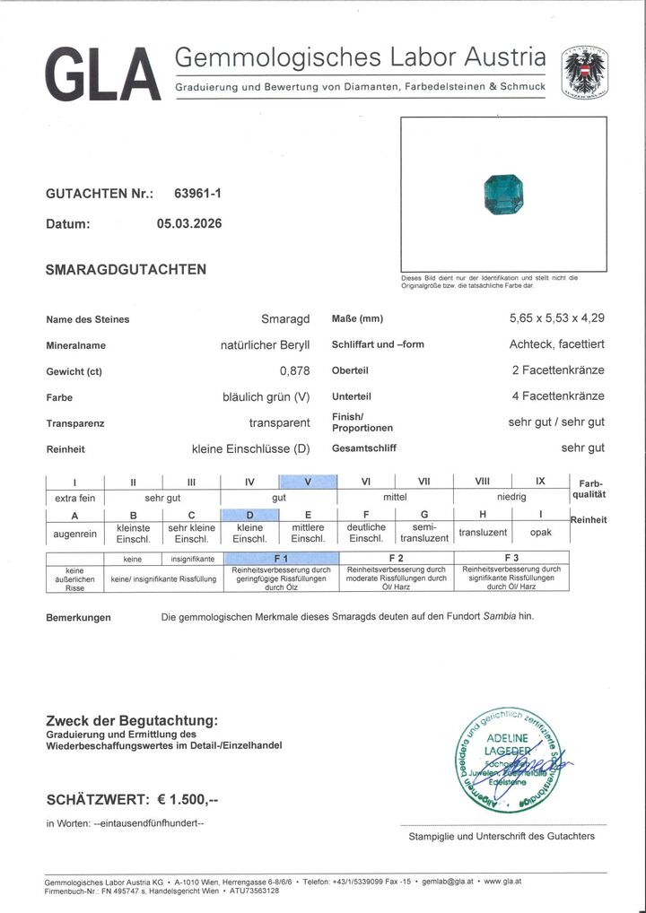 Gutachten zu Emerald octagon green 0.87 ct.