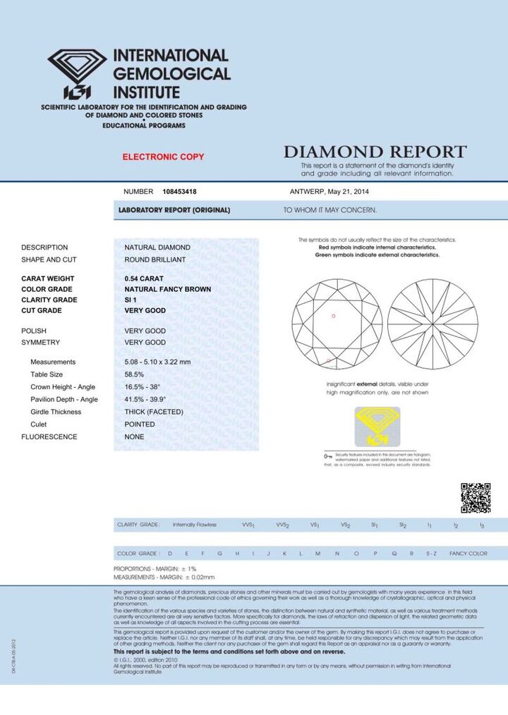 Gutachten zu fancy diamond round brilliant bräunlich-champagne 0.54 ct