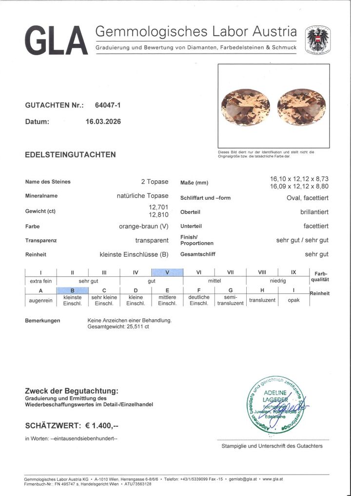 Gutachten zu Topas Duo oval bräunlich 25,51 ct.