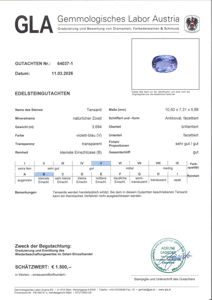 Gutachten zu Tansanit antik lila-blau 3,69 ct.