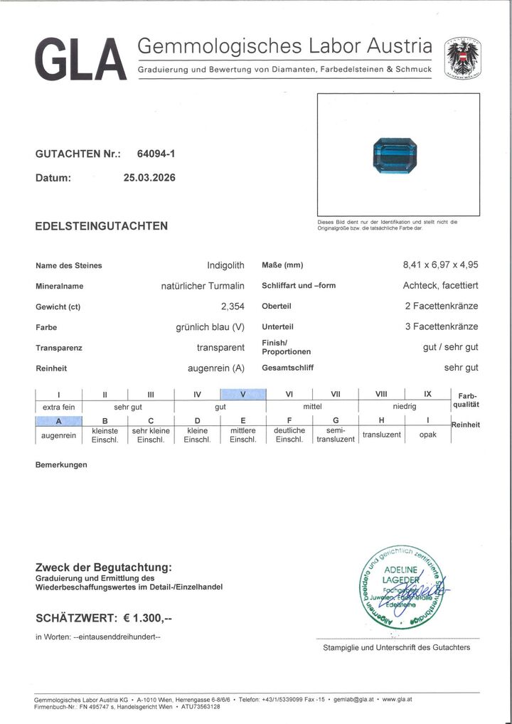 Gutachten zu Indigolith Turmalin octagon 2,35 ct