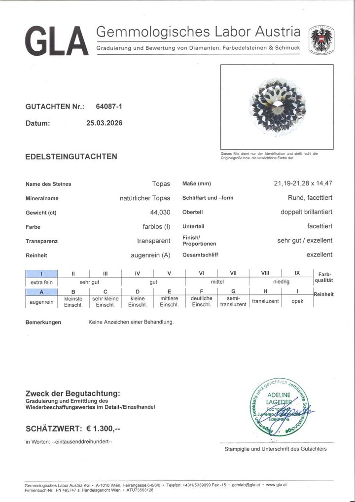 Gutachten zu Topas rund farblos unbehandelt 44,03 ct