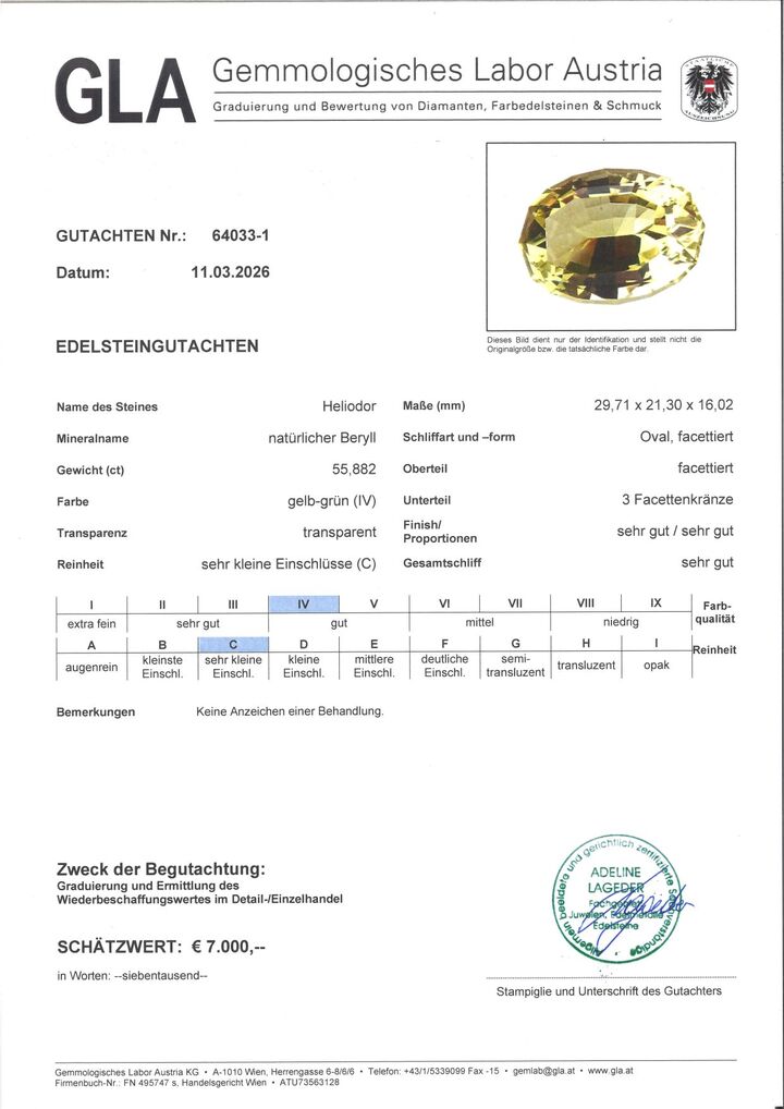 Gutachten zu Heliodor Beryl oval greenish yellow untreated 55.88 ct.