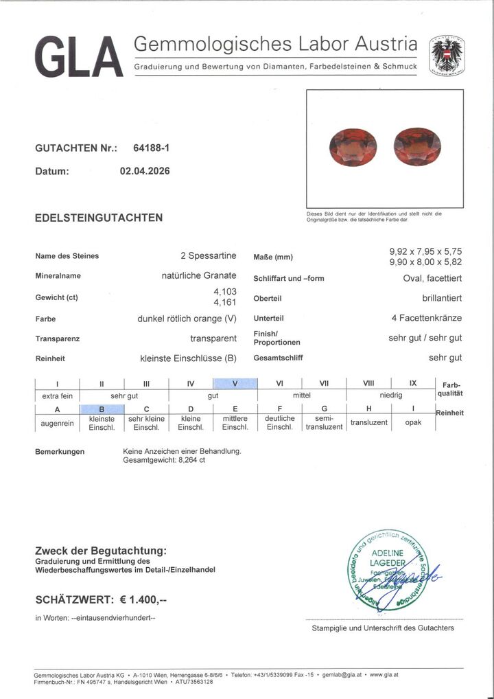 Gutachten zu Spessartine Garnet Pair oval orange red 8.26 ct.