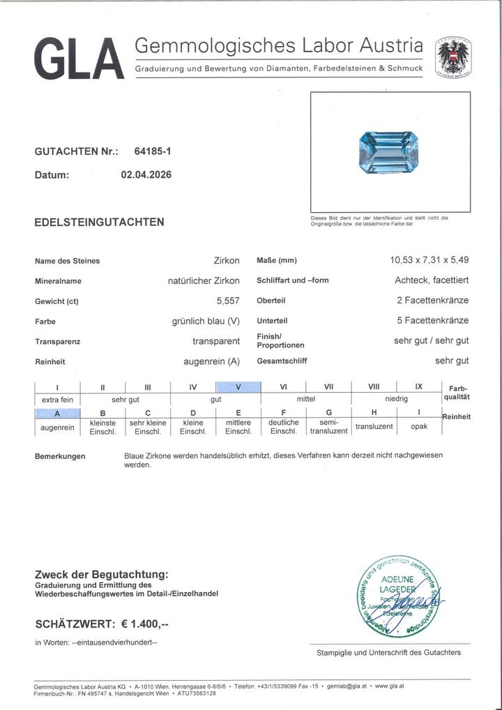 Gutachten zu Zircon octagon blue 5.55 ct