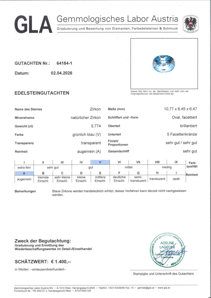 Gutachten zu Zircon oval blue 5.77  ct.
