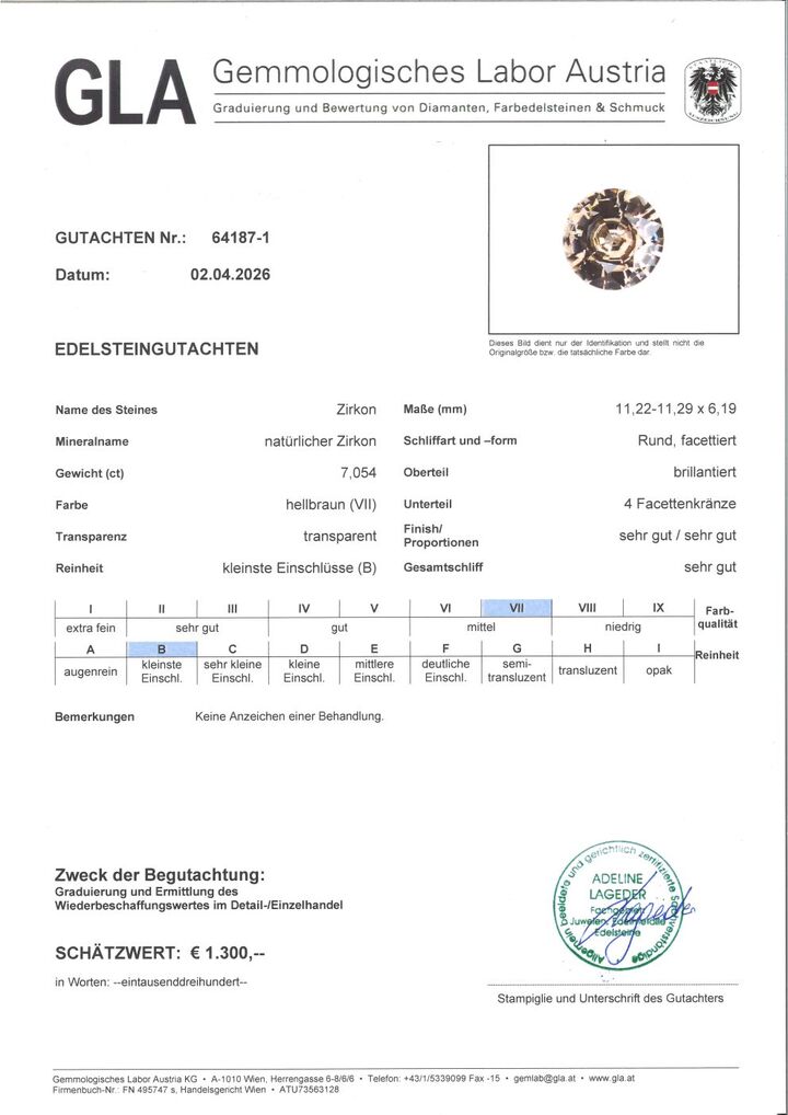 Gutachten zu Zircon round light brown 7.05 ct