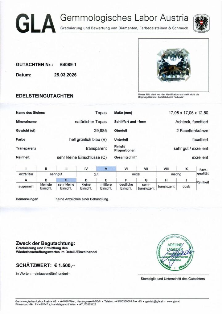 Gutachten zu Topas Design-Achteck hellblau unbehandelt 29,98 ct.