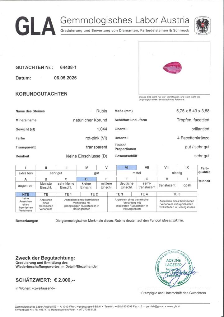 Gutachten zu Ruby pear pinkish red untreated 1.04 ct.