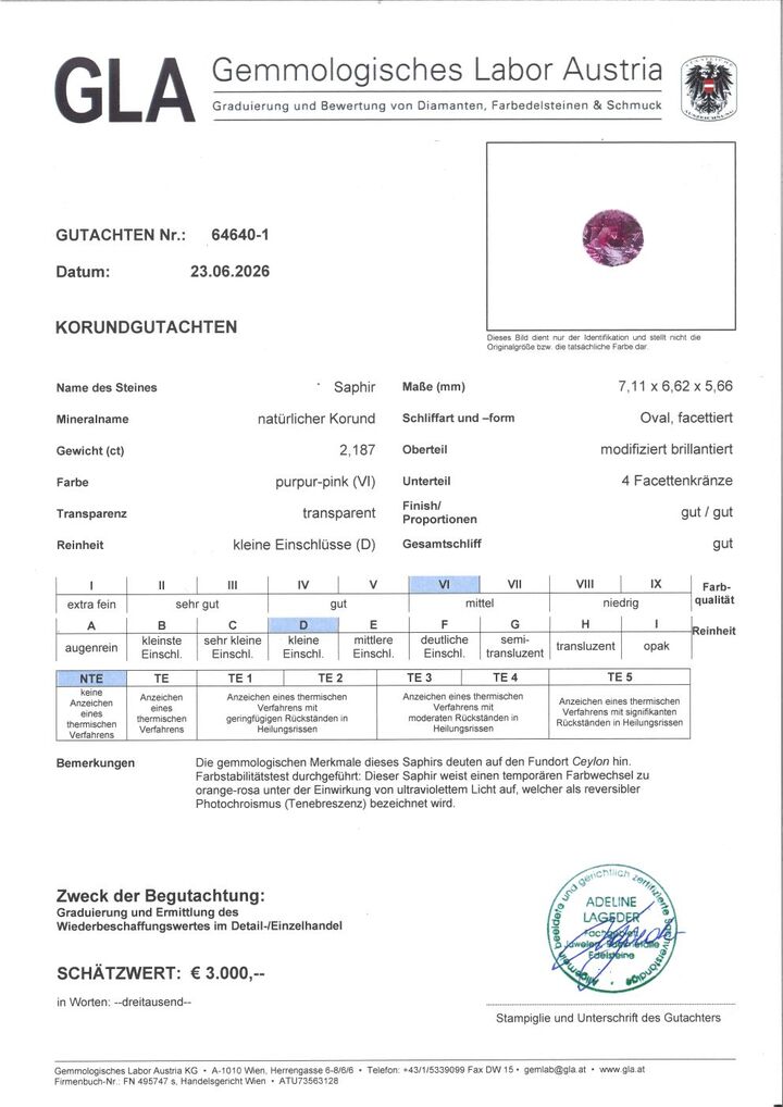 Gutachten zu Sapphire oval purplish pink untreated 2.18 ct.