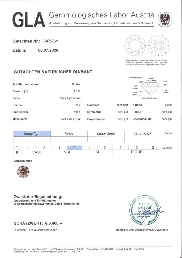 Gutachten zu fancy diamond round brilliant champagne  vs 1.01 ct.