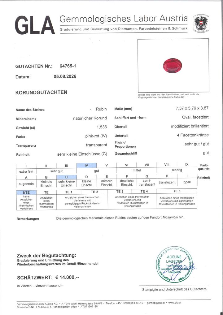 Gutachten zu Rubin oval pink-rot unbehandelt 1,53 ct.