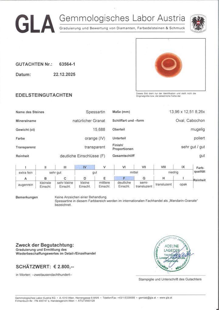 Gutachten zu Mandarin-Granat Cabochon oval orange 15,68 ct.
