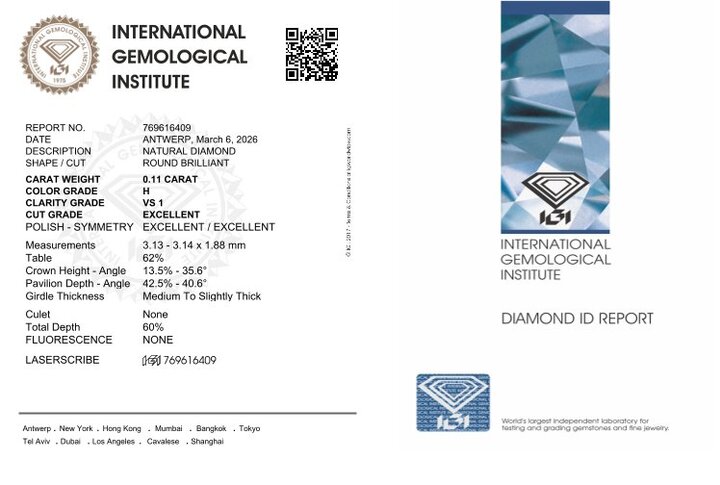 Gutachten zu Diamond round brilliant white vs1 0.11 ct