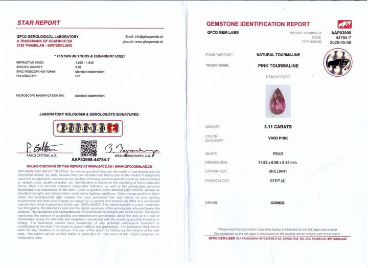 Gutachten zu Rubellit Turmalin Tropfen rosarot 3,11 ct.