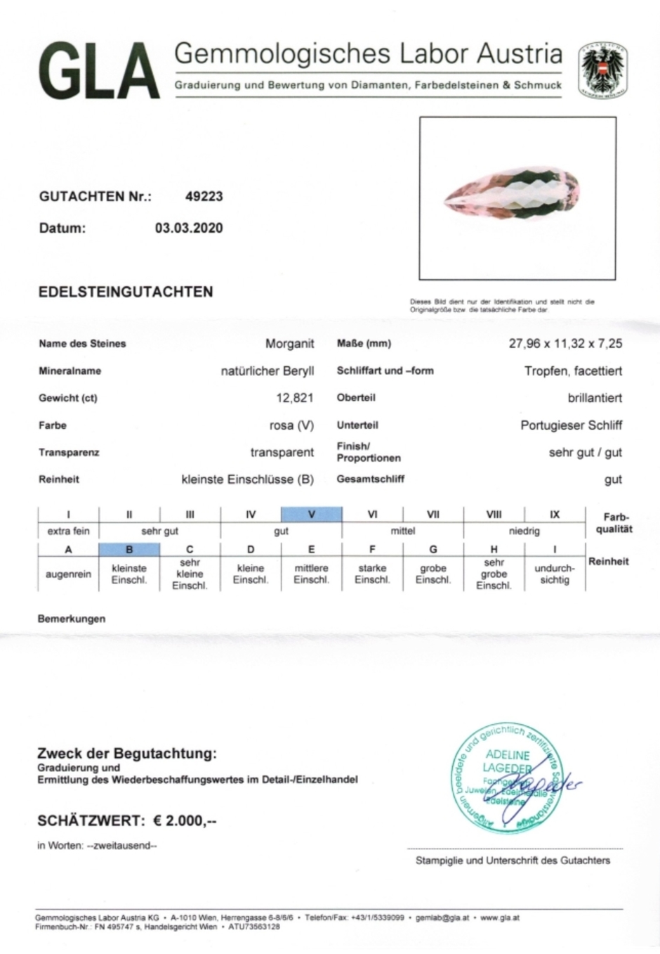 Gutachten zu Morganit Tropfen 12,82 ct