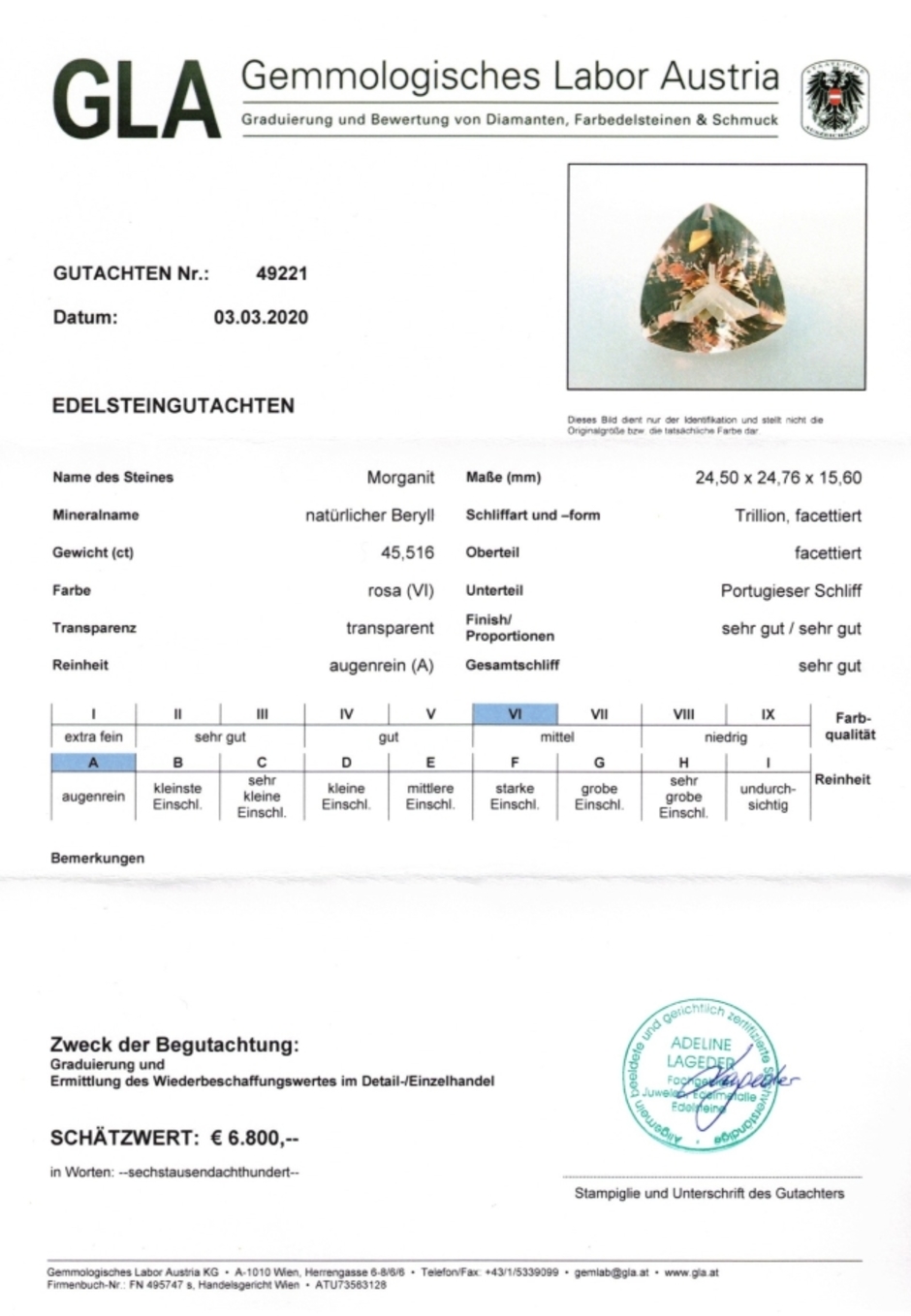 Gutachten zu Morganit Trillion 45,51 ct