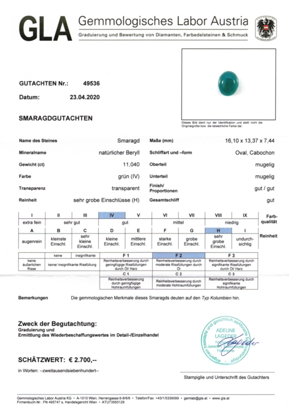 Gutachten zu Emerald cabochon oval 11.04 ct