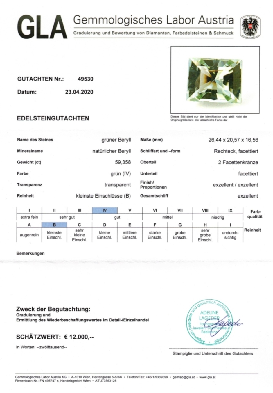 Gutachten zu Beryl Rechteck-Design hellgruen 59.35 ct.