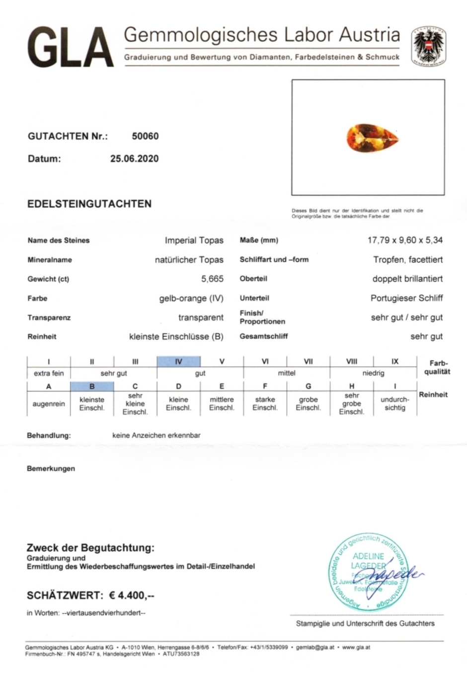 Gutachten zu Imperial-Topas Tropfen gelborange 5,66 ct