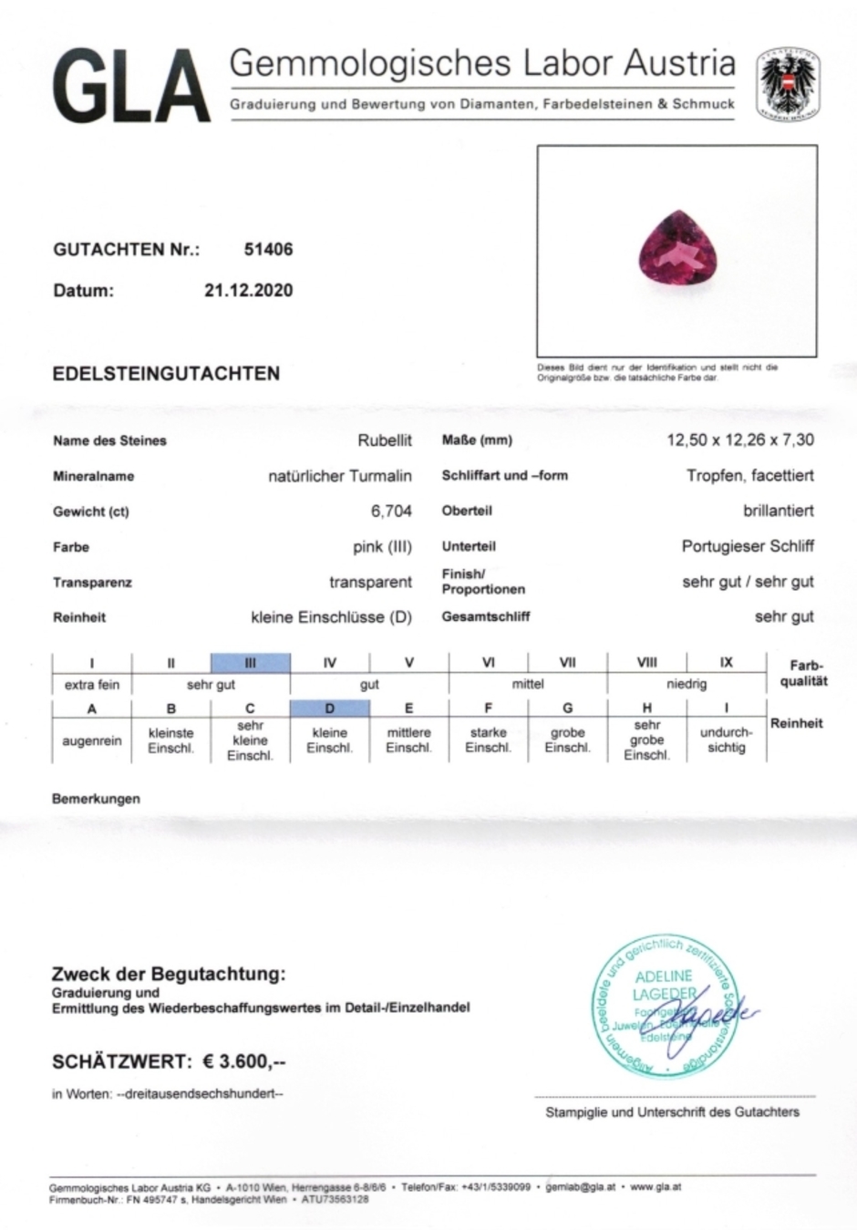 Gutachten zu Rubellite Tourmaline pear pink 6.70 ct.