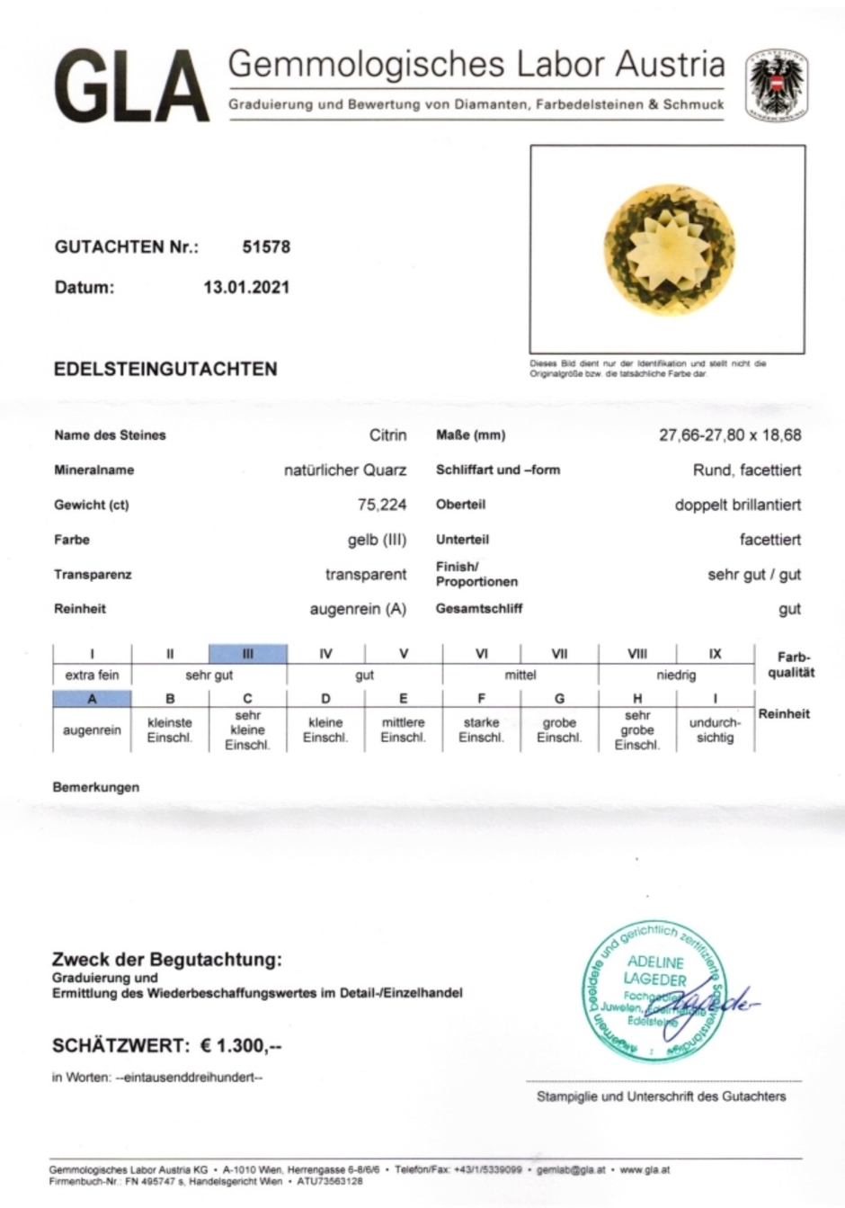 Gutachten zu Citrin rund goldgelb 75,22 ct