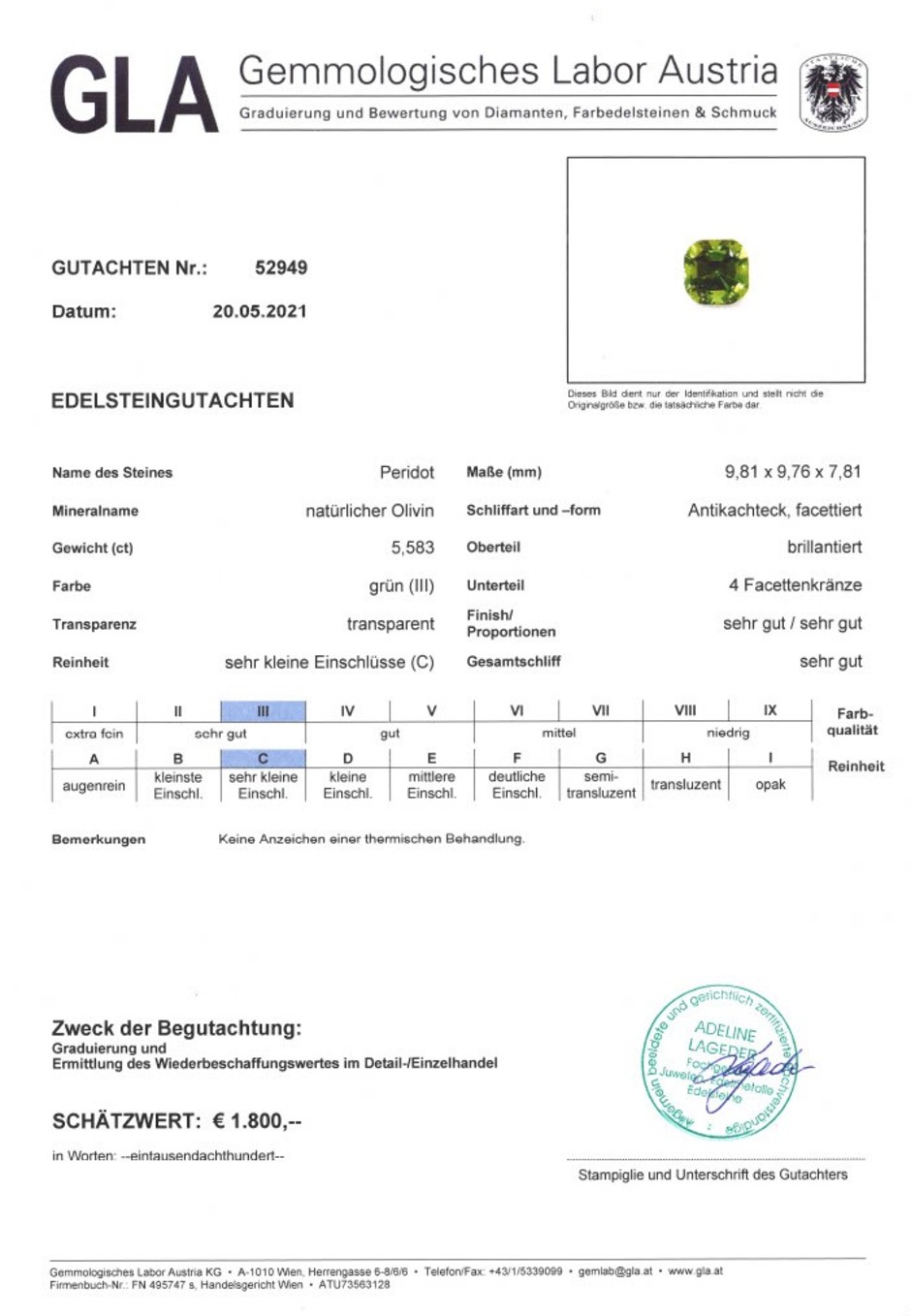 Gutachten zu Peridot octagon grün 5,58 ct