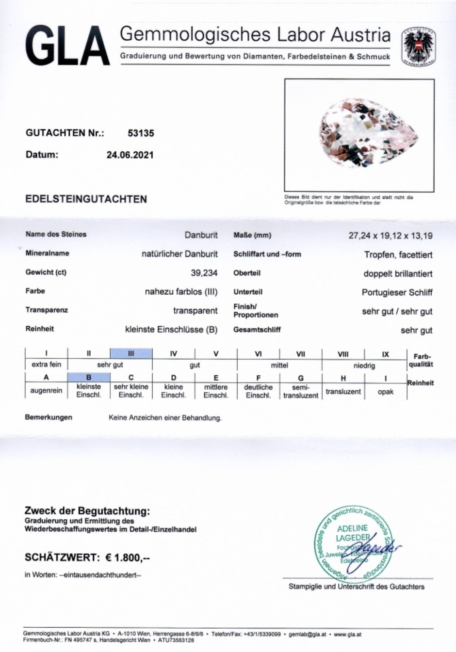 Gutachten zu Danburit Tropfen farblos 39,23 ct