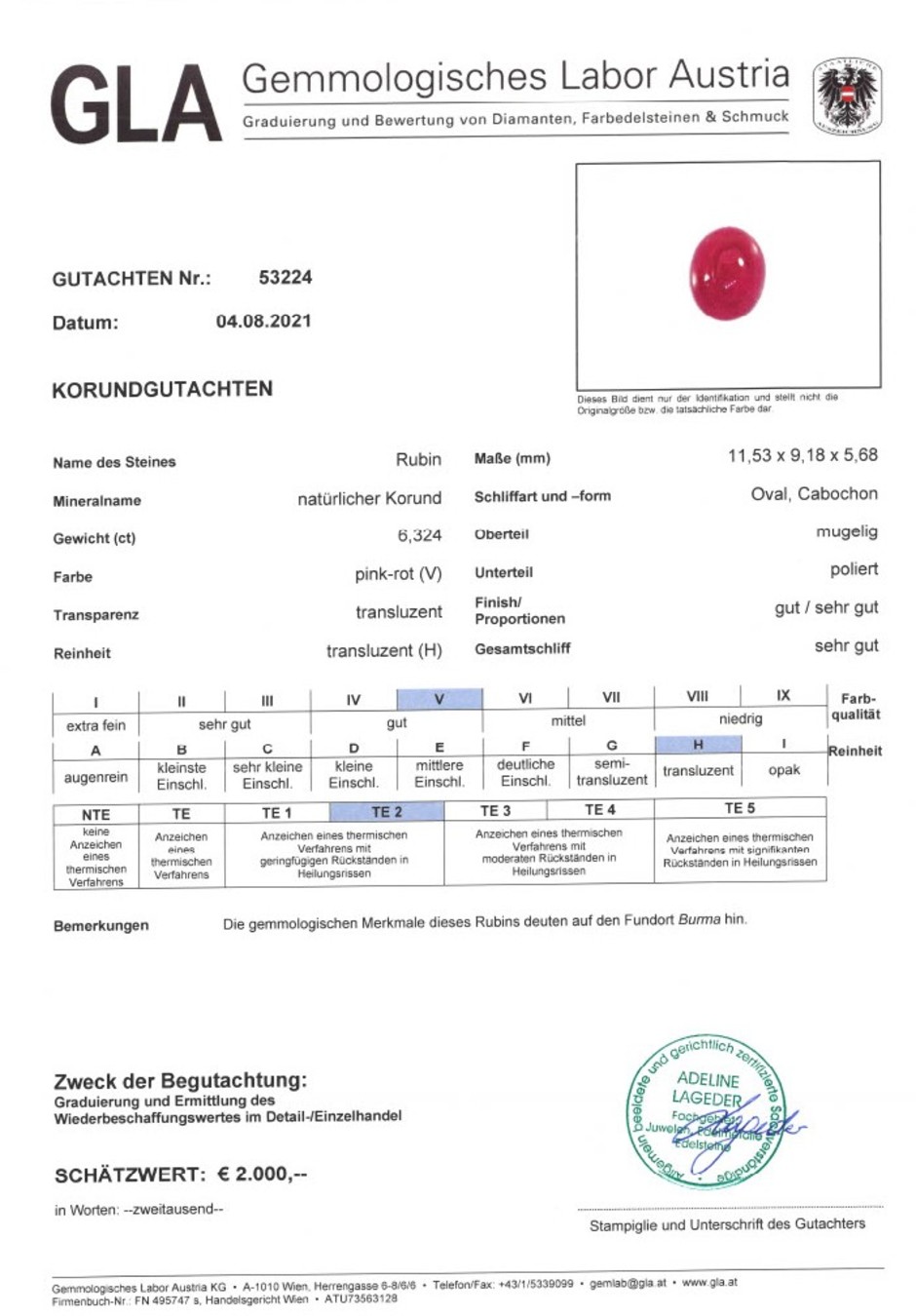 Gutachten zu Burma-Rubin cabochon oval 6.32 ct