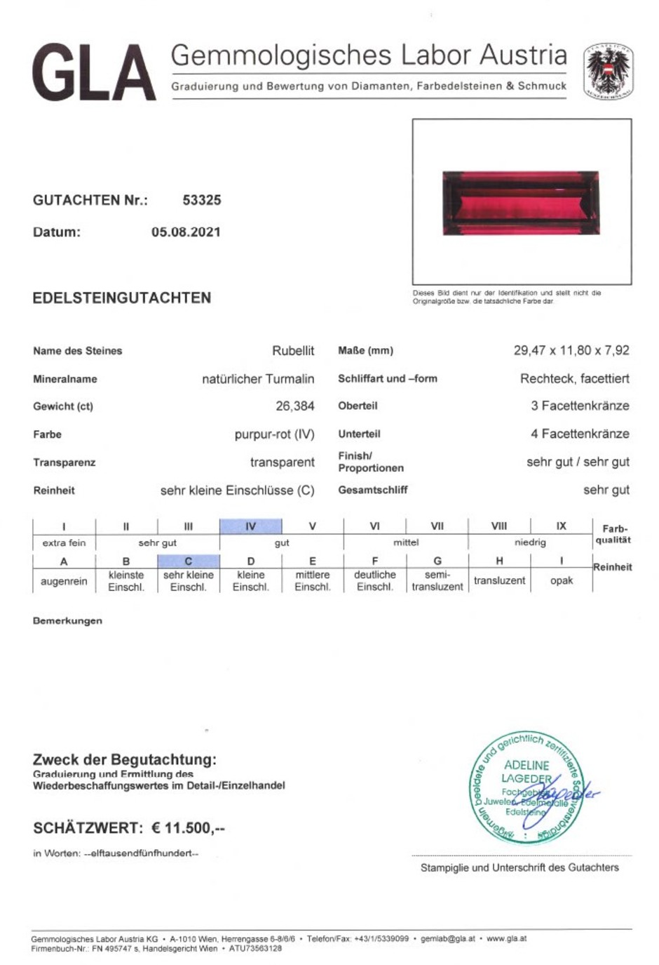 Gutachten zu Rubellit Turmalin Rechteck purpurrot 26,38 ct