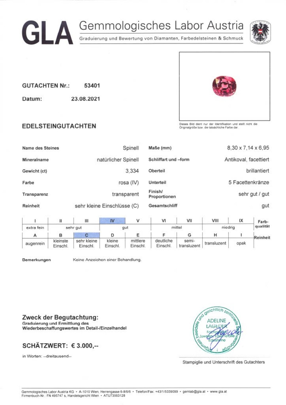 Gutachten zu Spinell antikoval rosarot 3,33 ct