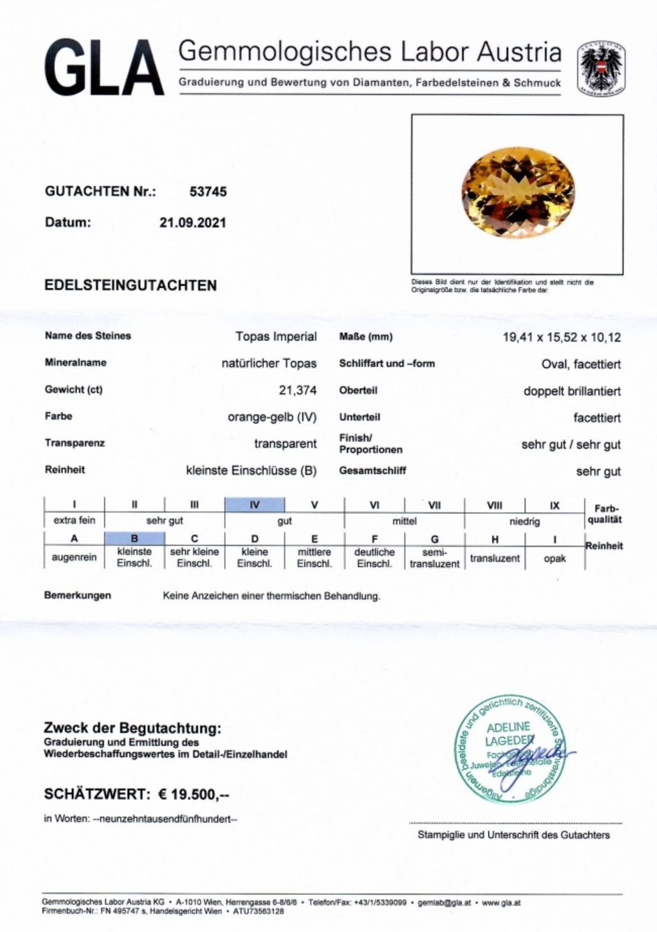 Gutachten zu Imperial Topas oval gelborange unbehandelt 21,37 ct.