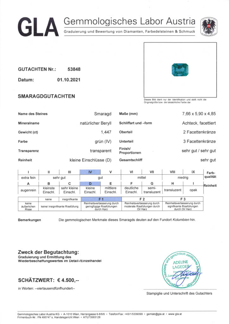 Gutachten zu Emerald octagon green 1.44 ct