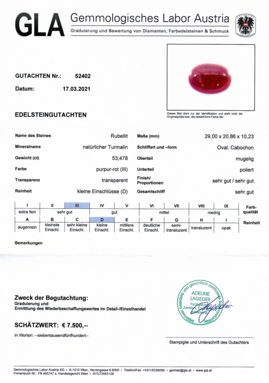 Gutachten zu Rubellite Tourmaline cabochon oval purple red 53.47 ct