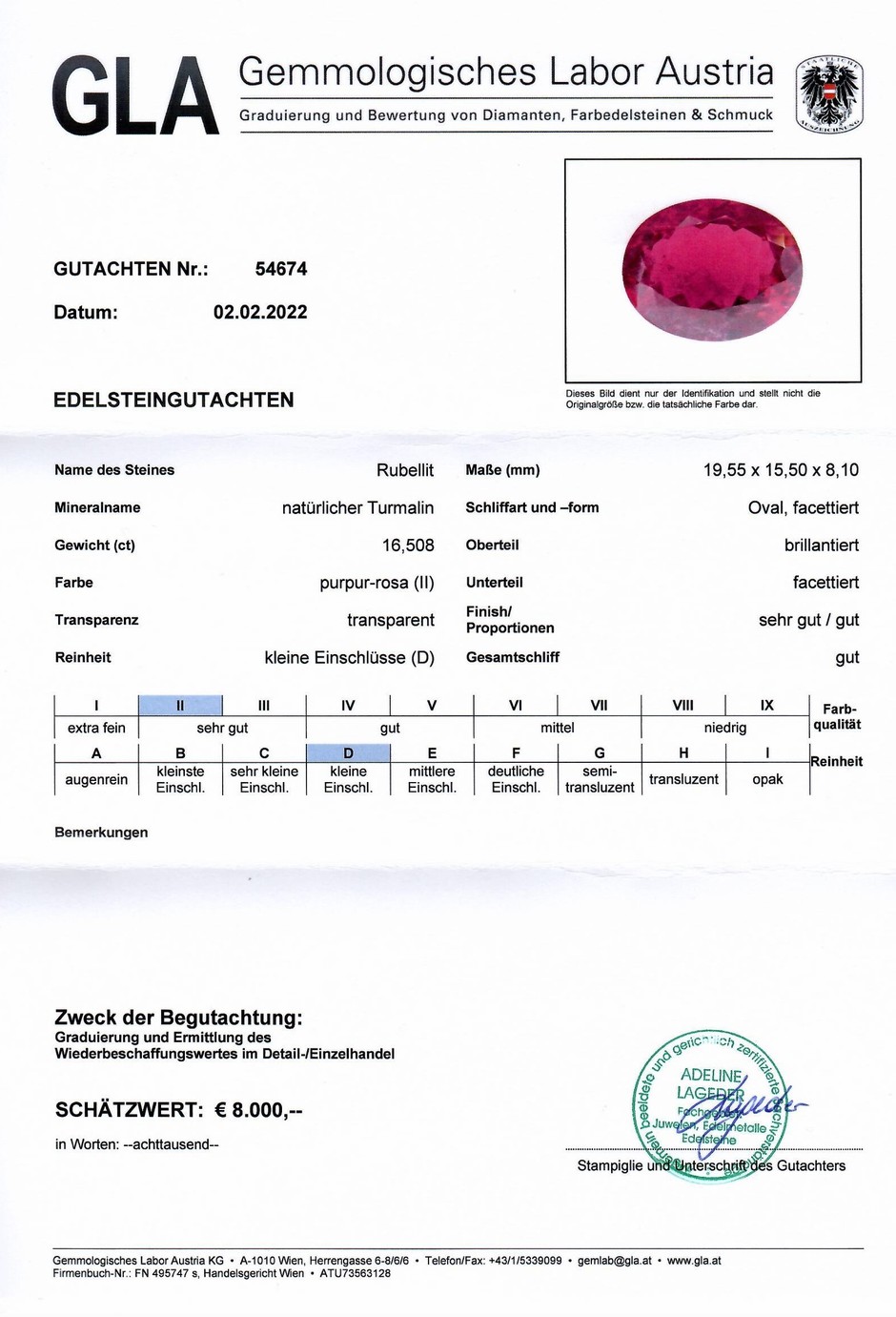 Gutachten zu Rubellite Tourmaline oval purpur-rot 16.50 ct