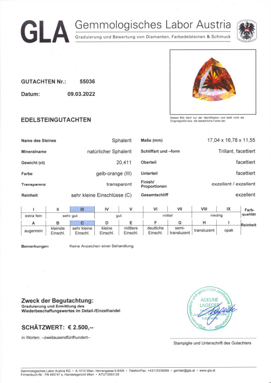 Gutachten zu Sphalerite Design-Trillion orange 20.41 ct