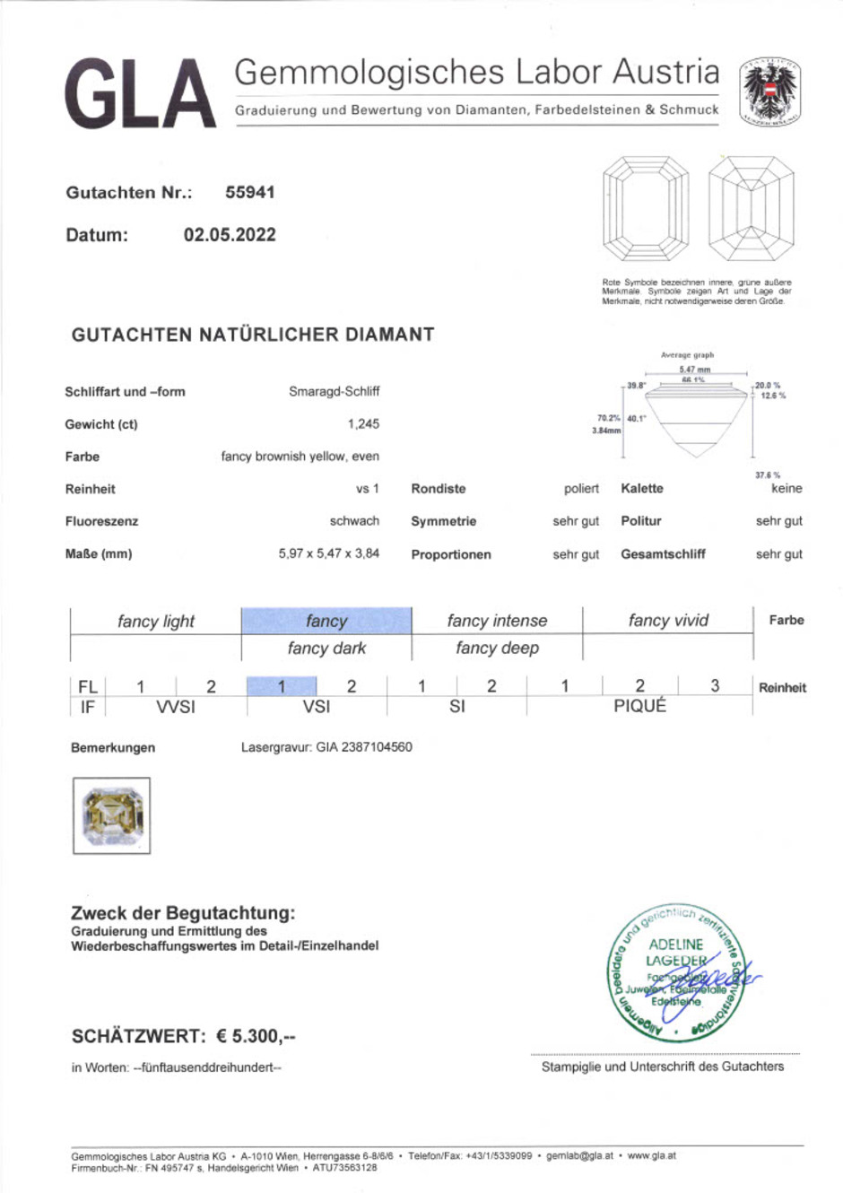 Gutachten zu Diamant octagon bräunlich-gelb vs1 1,24 ct