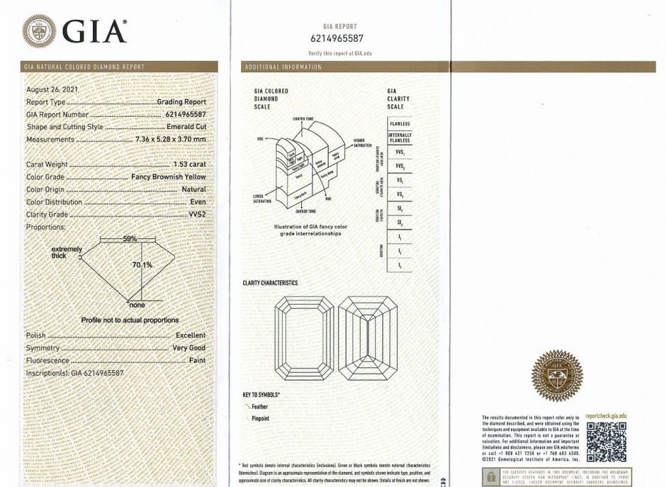 Gutachten zu Farbdiamant Achteck bräunlich gelb vvs2 1.53 ct