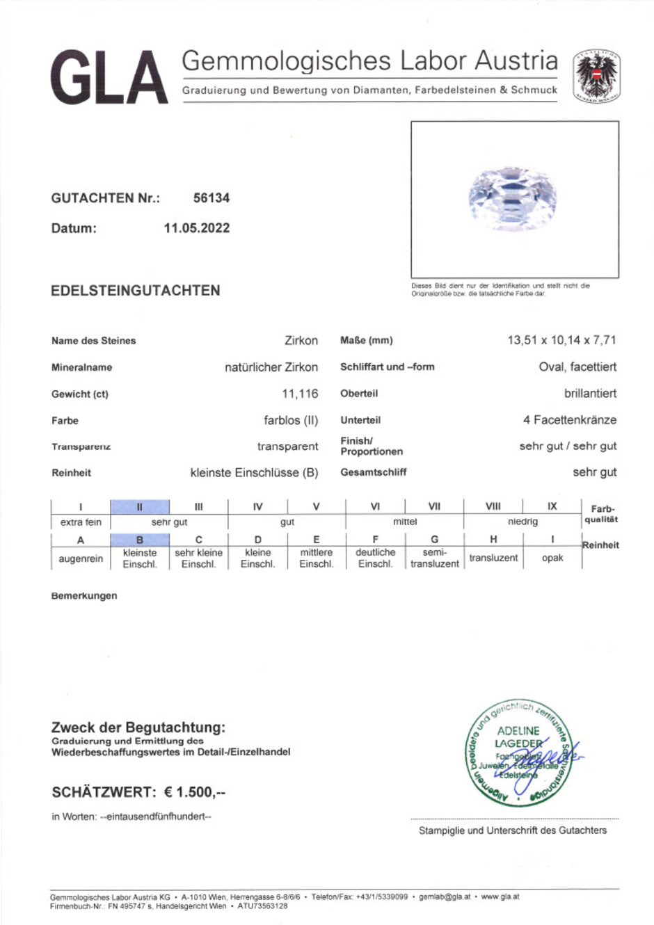 Gutachten zu Zirkon oval farblos 11,11 ct