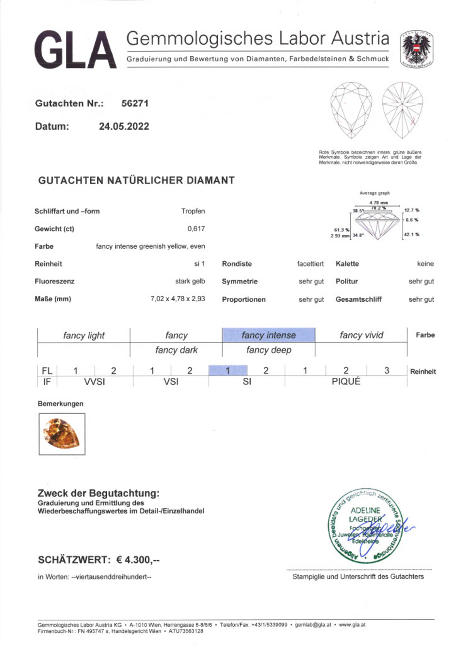 Gutachten zu Farbdiamant Tropfen intensives grünlich-gelb 0,61 ct