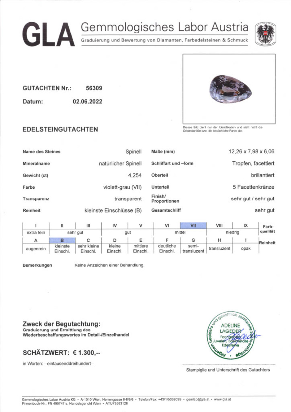 Gutachten zu Spinel pear untreated 4.25 ct