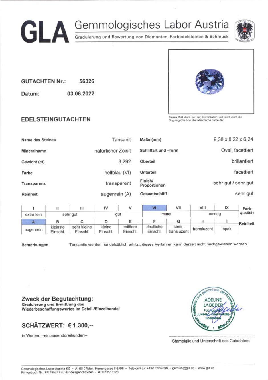 Gutachten zu Tansanit oval blau 3,29 ct