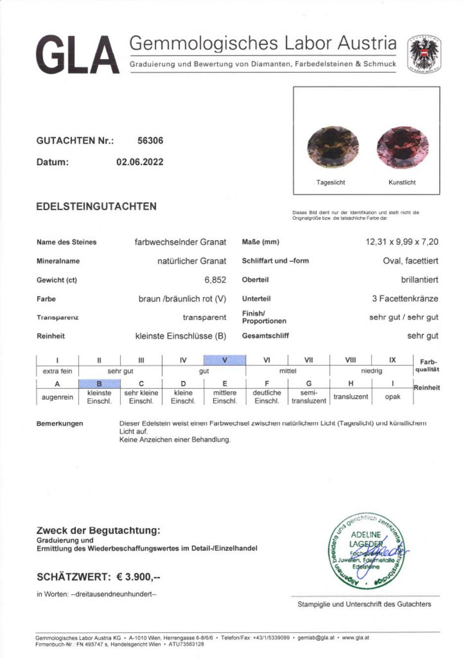 Gutachten zu Farbwechselnder Garnet oval braun-bräunlich red 6.85 ct