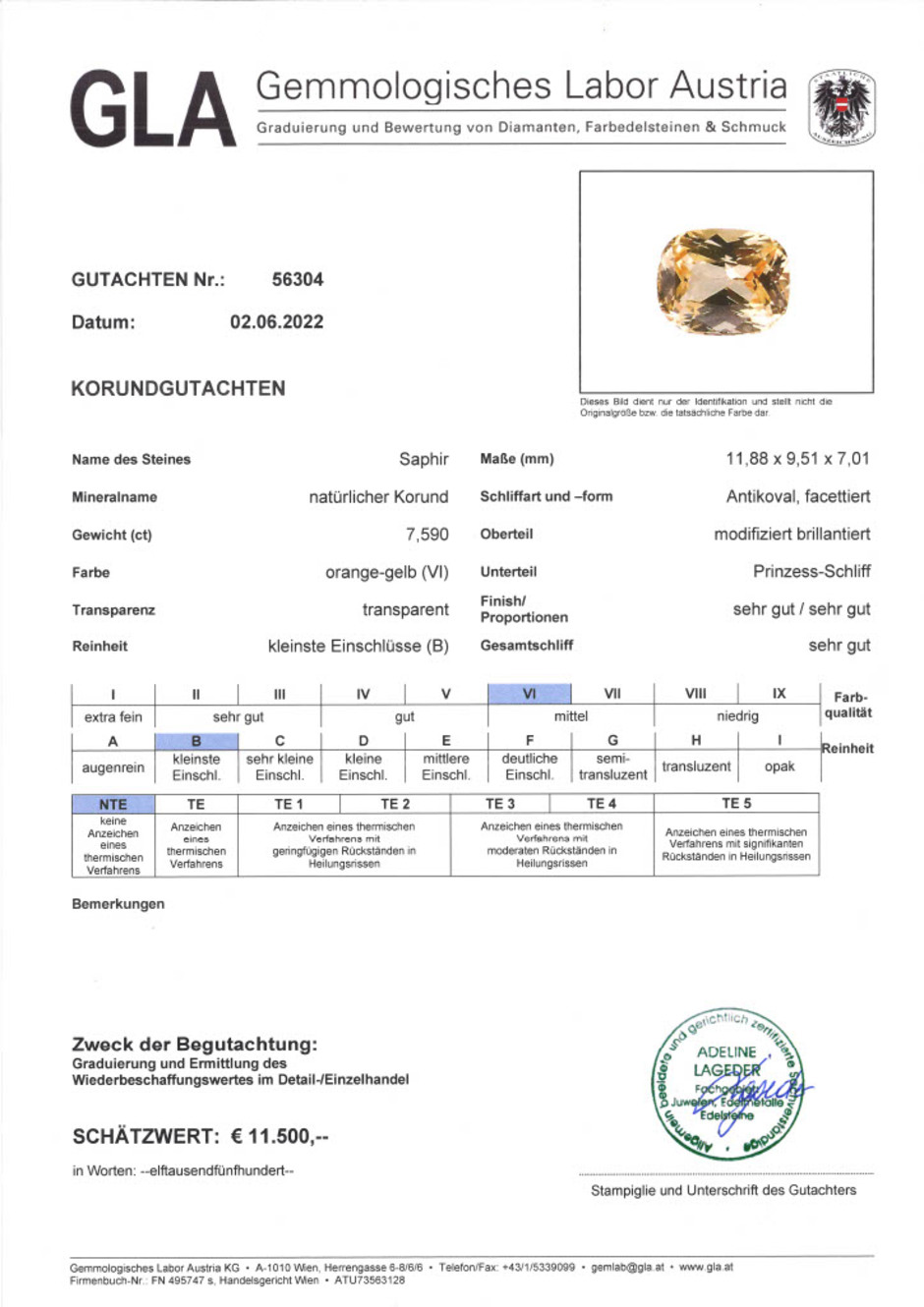 Gutachten zu Sapphire cushion orange yellow unheated 7.59 ct